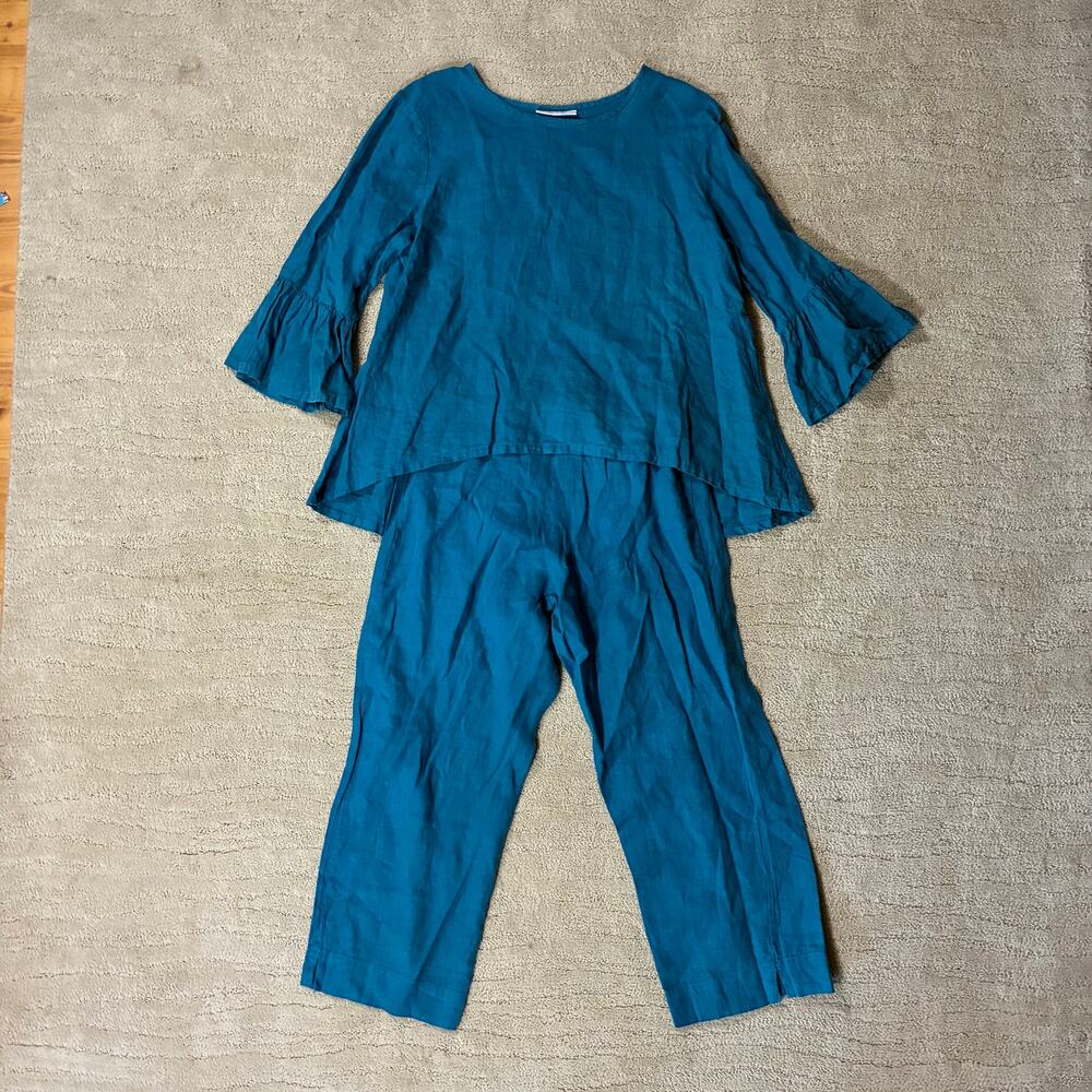 Bryn Walker Women XS 100% Linen Teal Set Coastal Lagenlook Minimalist Resort